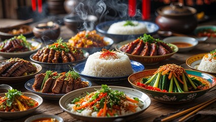 Assorted asian food dishes on table