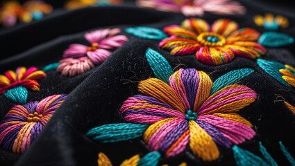 Colorful embroidered flowers on black cloth