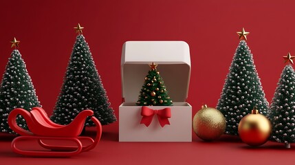 A christmas tree gift nestled in a white box, along with a red sleigh and gold christmas ornaments.