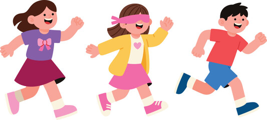 Three Happy Children Running and Playing Outdoor Games Together in a Colorful Cartoon vector Illustration for Fun and Active Kids Concept