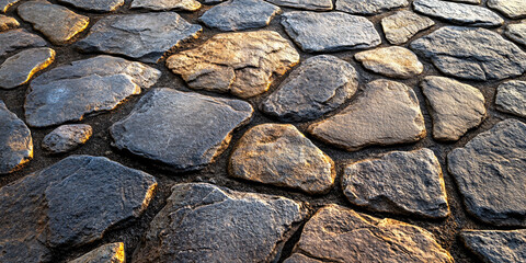 Fototapeta premium Close-up view of a cobblestone pavement, showcasing the irregular shapes and colors of the stones.
