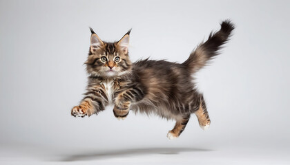 A Maine Coon kitten jumping in the air, with outstretched paws, a playful expression of the muzzle, a raised fluffy tail, on a white background, a blur in motion at the tips of the fur