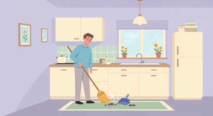 Man Sweeping Floor in Kitchen