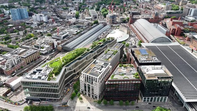 Stunning drone footage of Coal Drops Yard, King&rsquo;s Cross, and St. Pancras, London. Capture the heart of urban design and historic architecture from above.