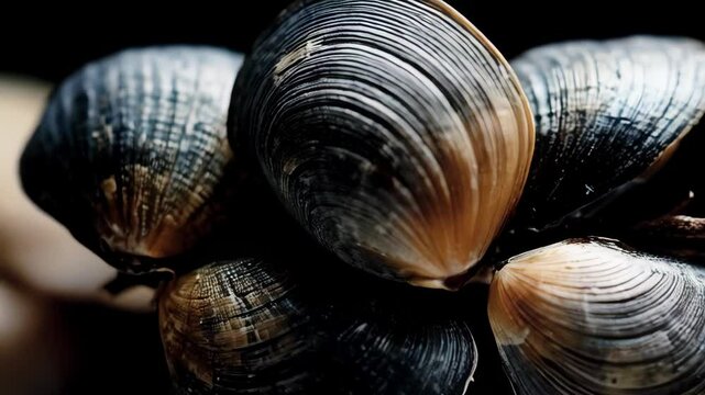 Macro close-up of textured clam shells clinging to a thin, bare branch against a dark background showing unique lines and color variations.