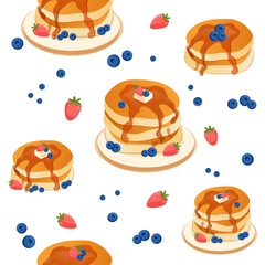 Seamless Vector Pattern of Pancakes with Butter, Honey, Blueberries and Strawberries on Light Background – Cute Breakfast Food Design for Kids, Holiday and Seasonal Projects