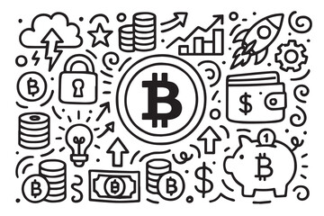 Vector background shows Bitcoin coins, blockchain links, and digital graphs outlined in black against a bright white background, creating a sleek crypto design.

