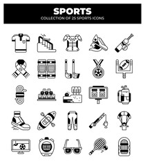 Collection of 25 Sports Icons. Sport Equipment. Uniforms. and More