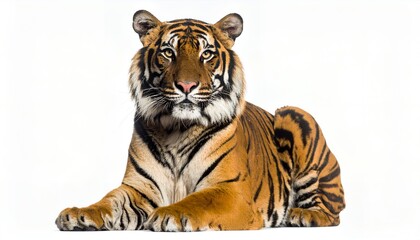 Obraz premium Majestic tiger resting on a white background, showcasing its vibrant orange and black striped fur, striking pose, and intense gaze towards the camera.