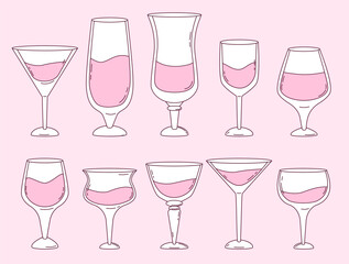 Coquette Drinks and Cocktails hand drawn set. Aesthetic Whimsical Pink Glasses. Romantic Girly Vibe. Isolated drawings for poster, social media, banners, invitation. Vector illustration