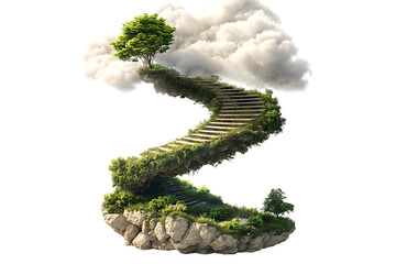 Stone staircase overgrown with vegetation leading to a cloud top with tree on a floating island