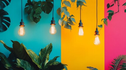 Bright colored wall with plants and lamps in vibrant urban decor interior pop modern tropical setup mood design scene