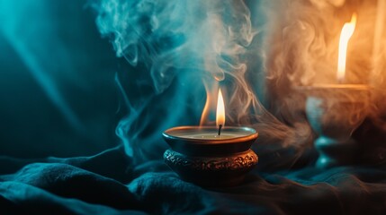 Burning incense with candle in smoky blue spiritual setup for meditation calm ritual peace relaxation wellness aromatherapy scene