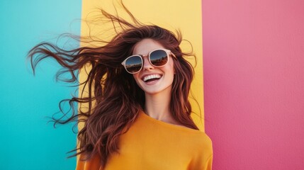 Smiling woman in sunglasses on colorful wall stylish summer fashion portrait energetic joyful happiness youth