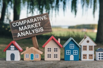 Property value appreciation trend concept. Miniature houses with a sign reading "Comparative Market Analysis" in a serene landscape.