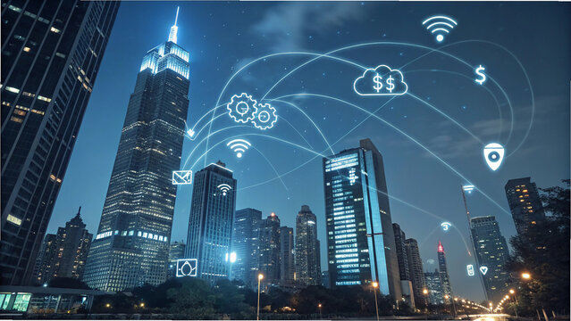 Futuristic cityscape depicting connectivity with digital icons and a modern smart network
