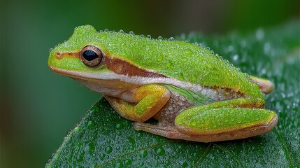 Obraz premium A vibrant green tree frog with a cream underbelly and a distinct brown stripe, perched on a lush green leaf covered in tiny water droplets, gazing off to the side with large dark eyes and a golden-bro
