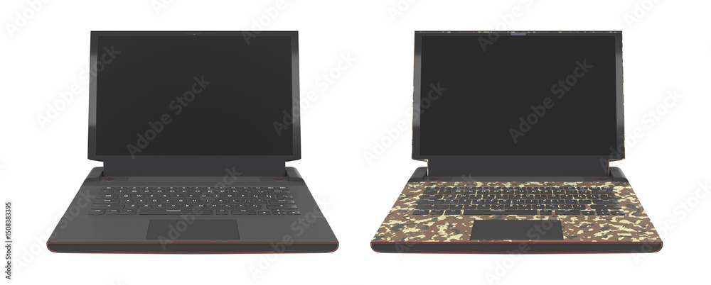 Poster set of modern laptops with rgb lights isolated on white background with clipping path. 3d render of 