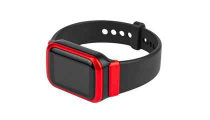 Elegant Tech Ring: A sleek and stylish, modern technology device, ring with a vibrant red and black, perfect for fitness or modern lifestyle, with emphasis on its minimalist design on white
