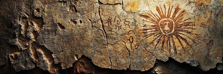 Ancient cave painting featuring a sun-like symbol on a textured rock surface.