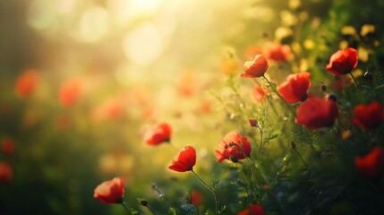 Fototapeta premium Sunset over flower field red poppies backlit floral landscape warm golden hour nature summer peace