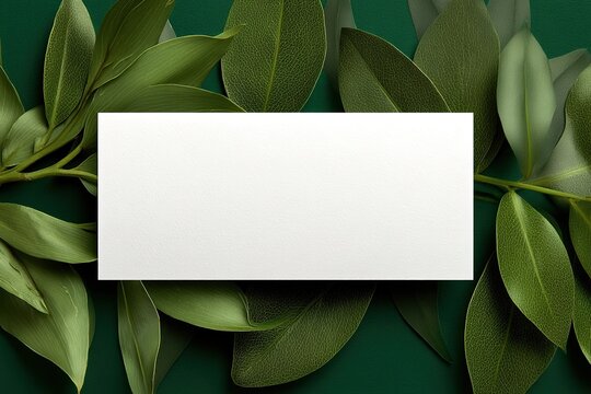 Blank White Paper Framed By Green Leaves On Emerald Background