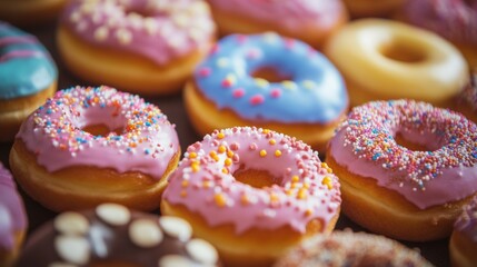Colorful glazed donuts with sprinkles fun dessert sweet sugar treat playful tasty background bakery