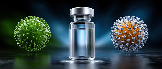 vaccine disease biotech concept. Vaccine vial surrounded by virus representations with glowing effects.