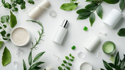 Natural skincare products and green leaves minimalist flat lay on white clean beauty concept