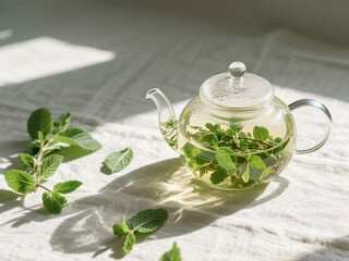 Bright overhead shot of transparent glass teapot with fresh tulsi and mint infusion, surrounded by green herbs on linen cloth, sunlight and strong shadows, clear background.