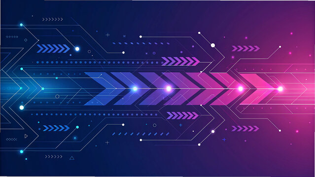Abstract digital technology background with arrows and circuitry representing data flow