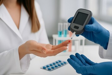 Blood glucose testing with glucometer and fingertip drop