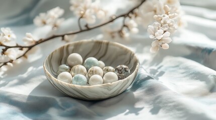 Soft pastel ceramic bowl with white eggs floral decor spring elegant gentle warm daylight