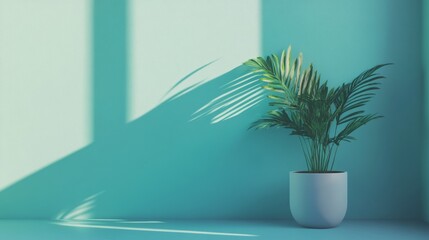 Fototapeta premium Simple blue green potted plant casting shadow in minimal clean modern space calm daylight