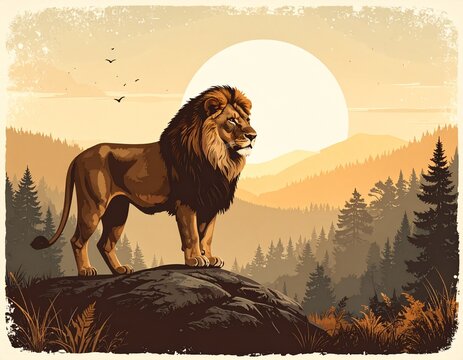 Lew stojący na skale. Stare zdjęcie, grafika retro