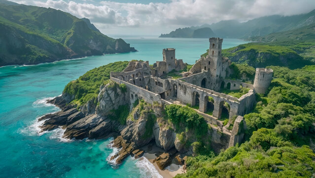 A breathtaking fantasy coastal landscape featuring ancient stone castle ruins nestled on rocky cliffs and lush greenery.	