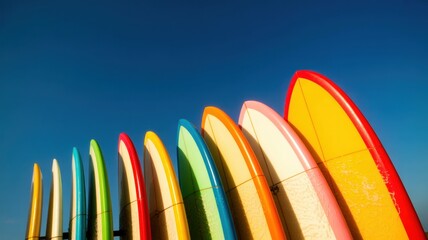 Colorful surfboards against clear blue sky at the beach