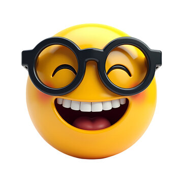 A yellow emoji face with closed eyes wearing black glasses and smiling showing white teeth widely open isolated on transparent background