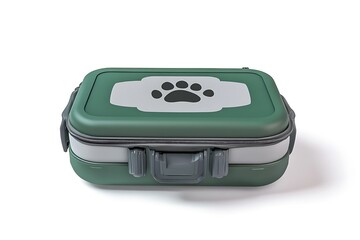 A green and gray pet carrier with a paw print design on the top isolated on a white background