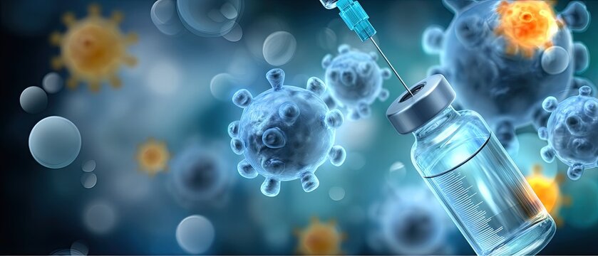 vaccine virus development concept. Vaccine syringe with viruses in a scientific illustration depicting health and medicine.