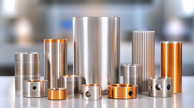 A collection of cylindrical metal bushings and beas with different sizes and finishes are arranged together.
