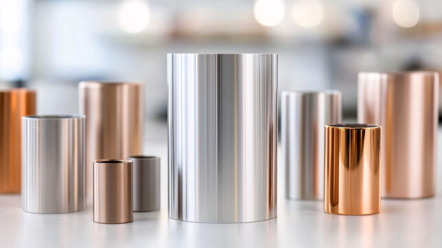 Cylindrical metal objects in copper and silver tones reflect light in an industrial setting with a white floor.