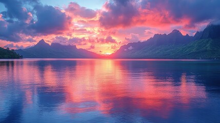Peaceful sunset over mountain lake