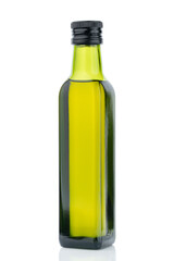 Olive oil in small green glass bottle isolated on white background. Olives. Oil. Healthy food.
