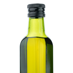 Olive oil in small green glass bottle isolated on white background. Olives. Oil. Healthy food.