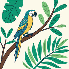 Colorful parrot perched on a branch surrounded by tropical foliage in a vibrant jungle scene design