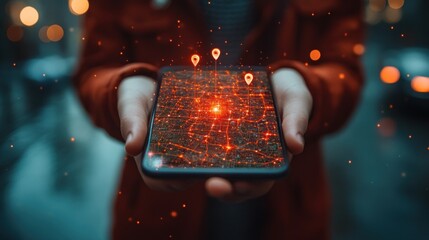 Person holding smartphone with city map overlay