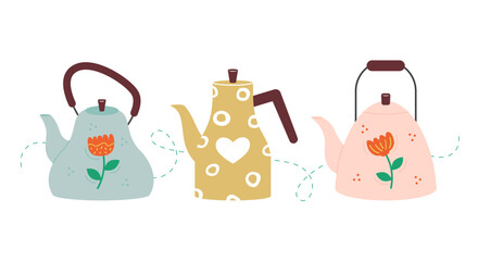 Set of teapots and kettles. Teapot icon. Cute kettles with ornaments, ceramics, different design crockery. Appliance for boiling or heating water. Vector illustration