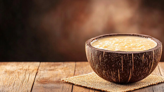 Creamy tapioca pudding is presented in a natural coconut bowl atop a rustic wooden table setting.