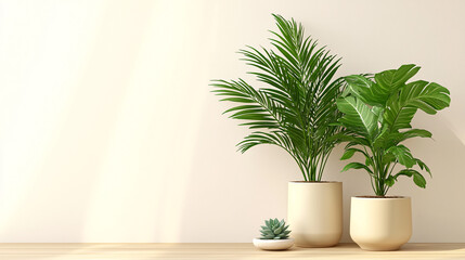 Bright indoor scene with two potted green plants and a small succulent against a neutral colored wall backdrop.